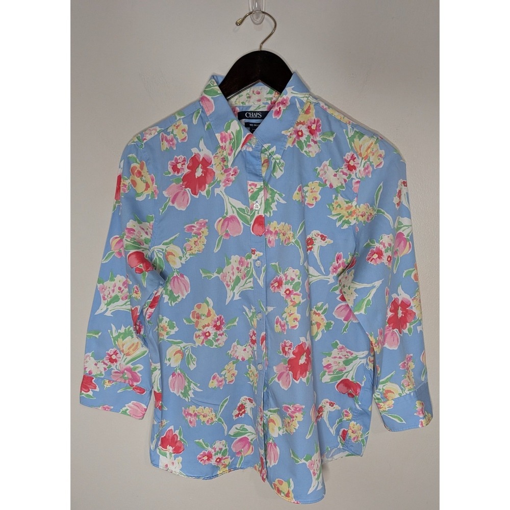 Chaps 100% Cotton No Iron Blouse Top Sz Large Artsy Boho Floral Casual Feminine